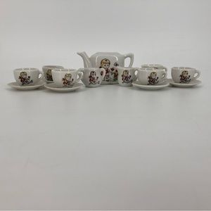 Vintage 70s Tea Set Porcelain 15 Pc Red Letter Japan Pot Sugar Creamer Cup Plate